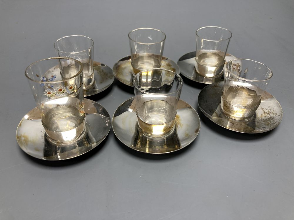 An Edwardian silver mounted glass seven piece liqueur set, by Hukin & Heath, Birmingham, 1906,